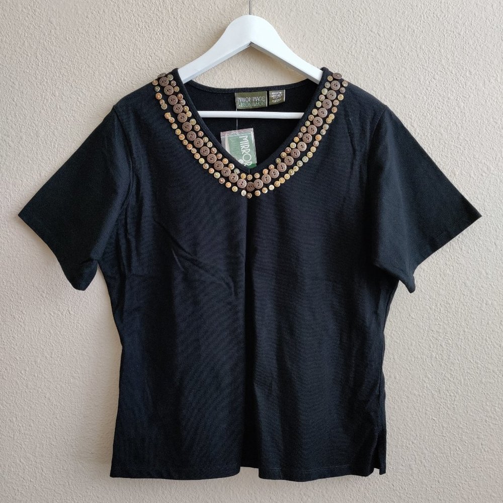 NWT Black V-neck T-Shirt with gold/brown button accents Size L
